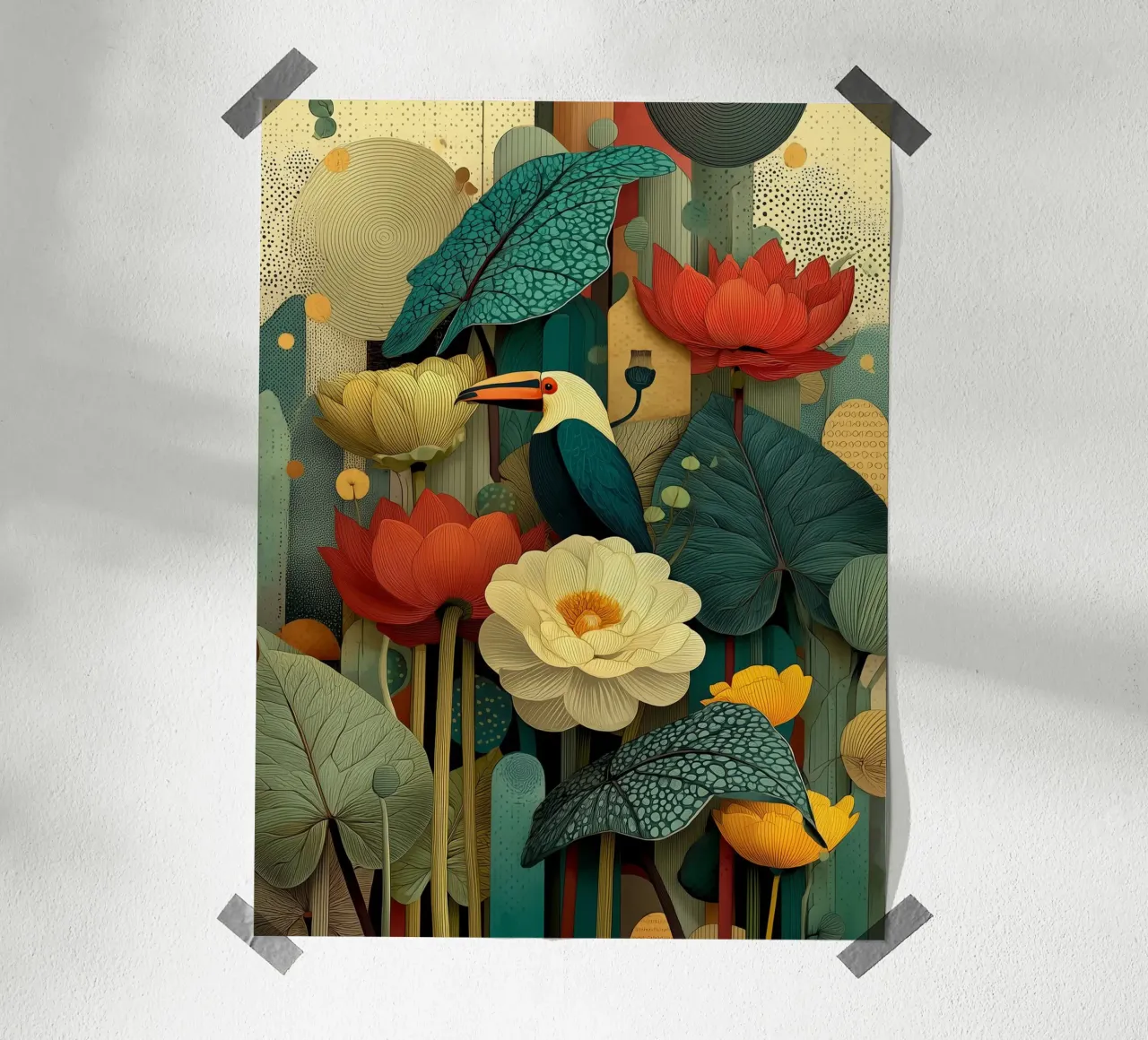 Uccello e fiori tropicali poster con telaio in alluminio da Little Things