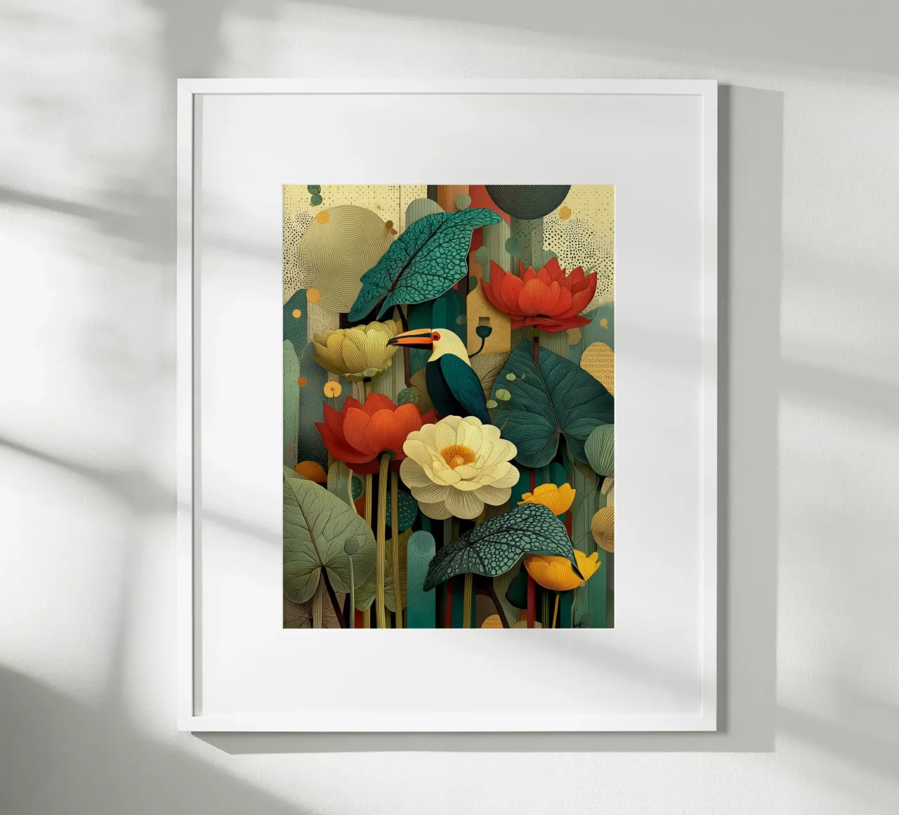 Uccello e fiori tropicali poster con telaio in alluminio da Little Things