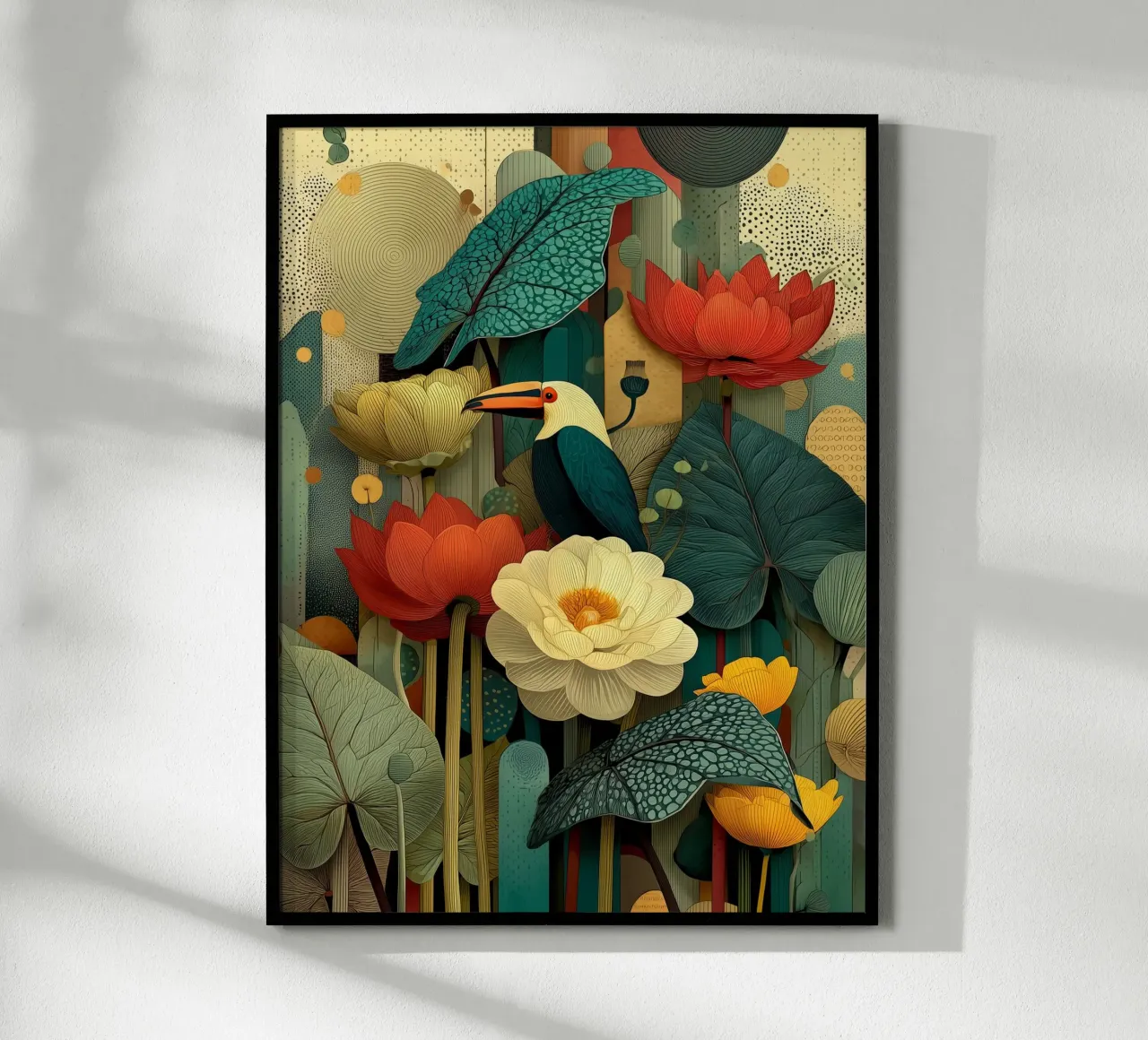 Uccello e fiori tropicali poster con telaio in alluminio da Little Things