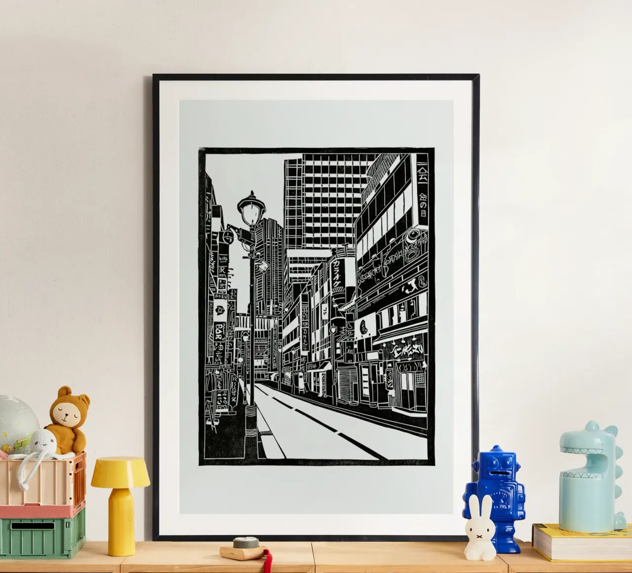 Tokyo Shibuya Blockprint poster con telaio in legno da Bianca Green