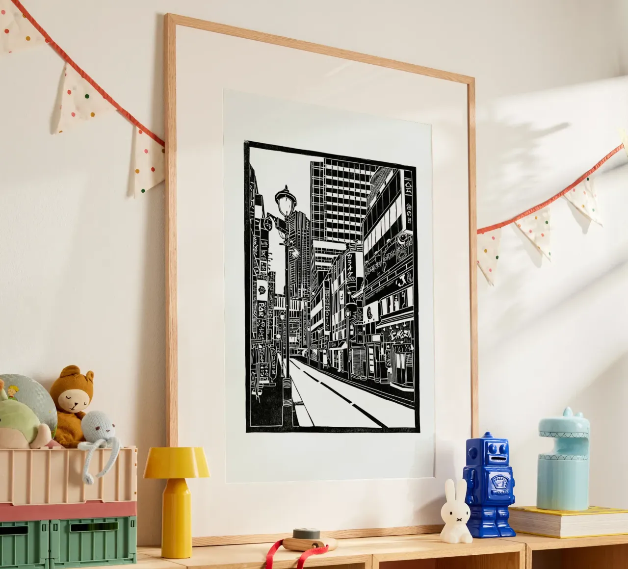 Tokyo Shibuya Blockprint poster con telaio in legno da Bianca Green