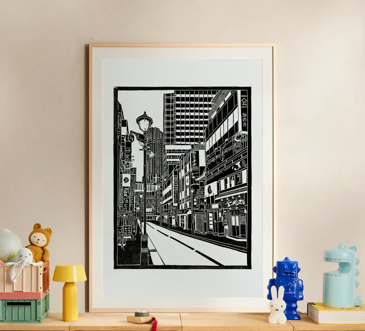 Tokyo Shibuya Blockprint poster con telaio in legno da Bianca Green