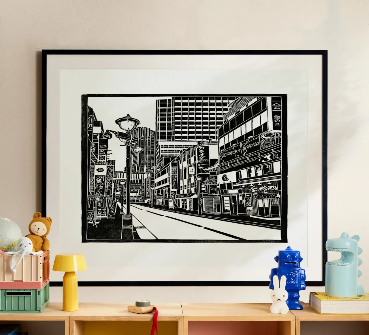 Tokyo Shibuya Blockprint poster con telaio in legno da Bianca Green