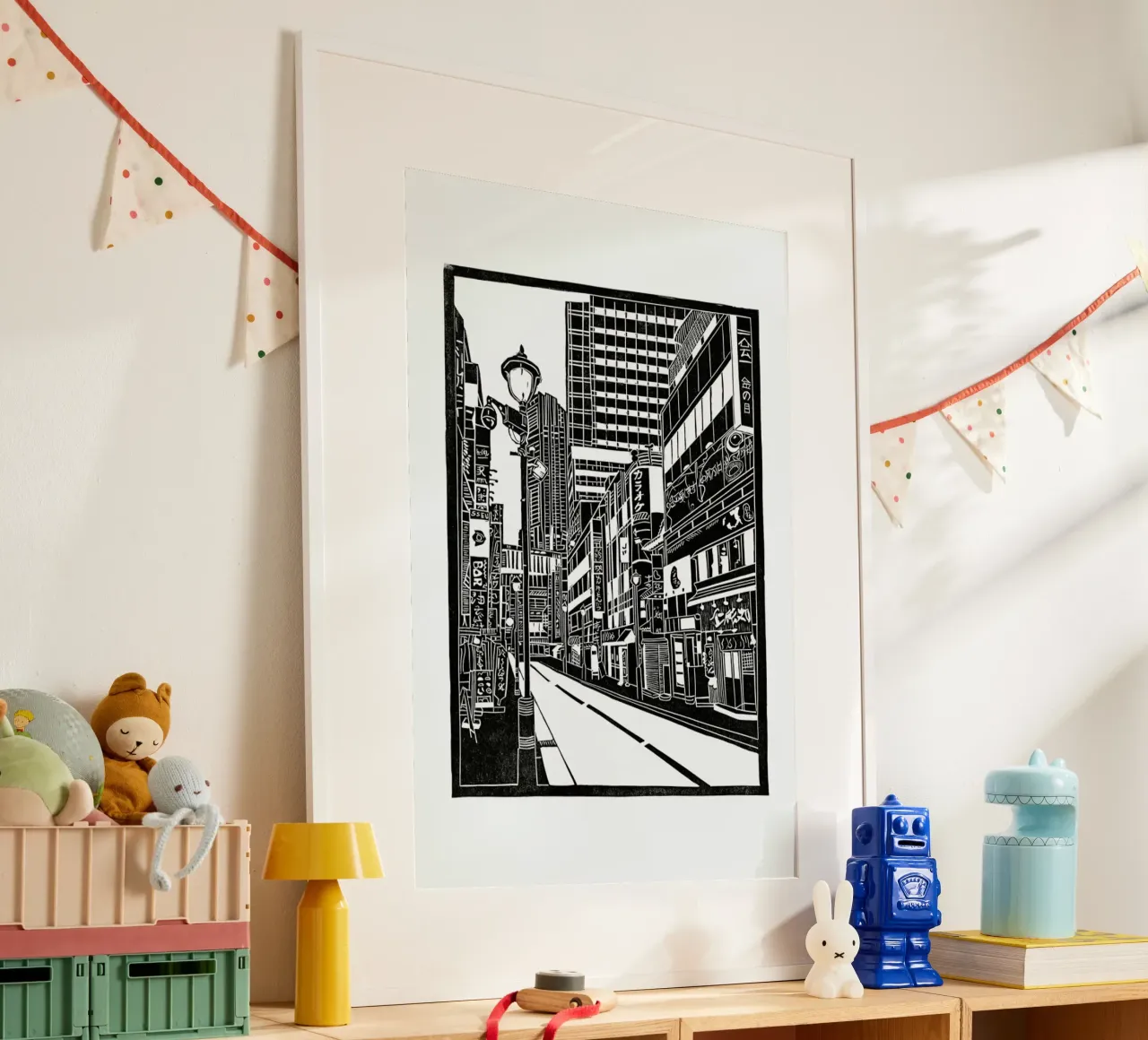 Tokyo Shibuya Blockprint poster con telaio in legno da Bianca Green