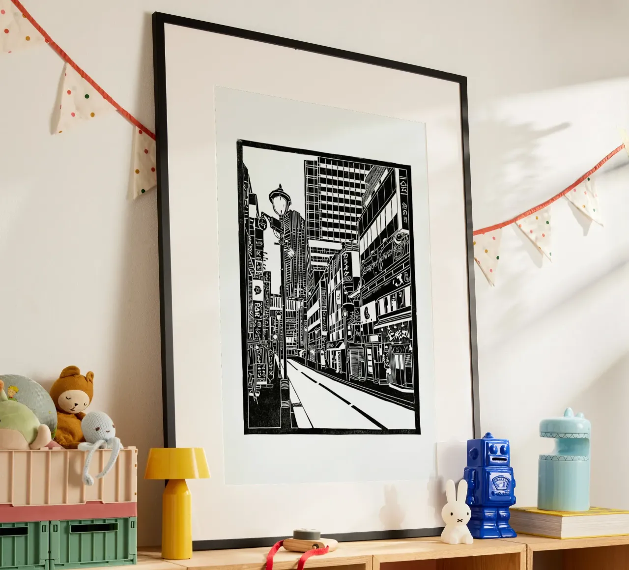 Tokyo Shibuya Blockprint poster con telaio in legno da Bianca Green