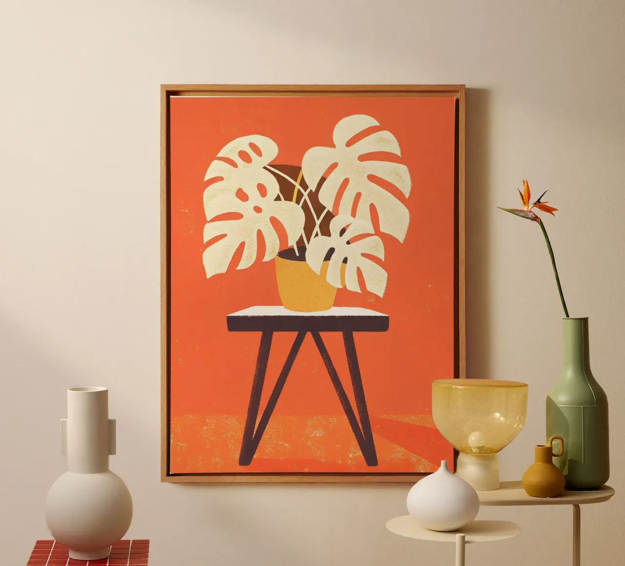 Monstera Retro Pop Bloem canvas met Baklijst van THE LATEST SHOP