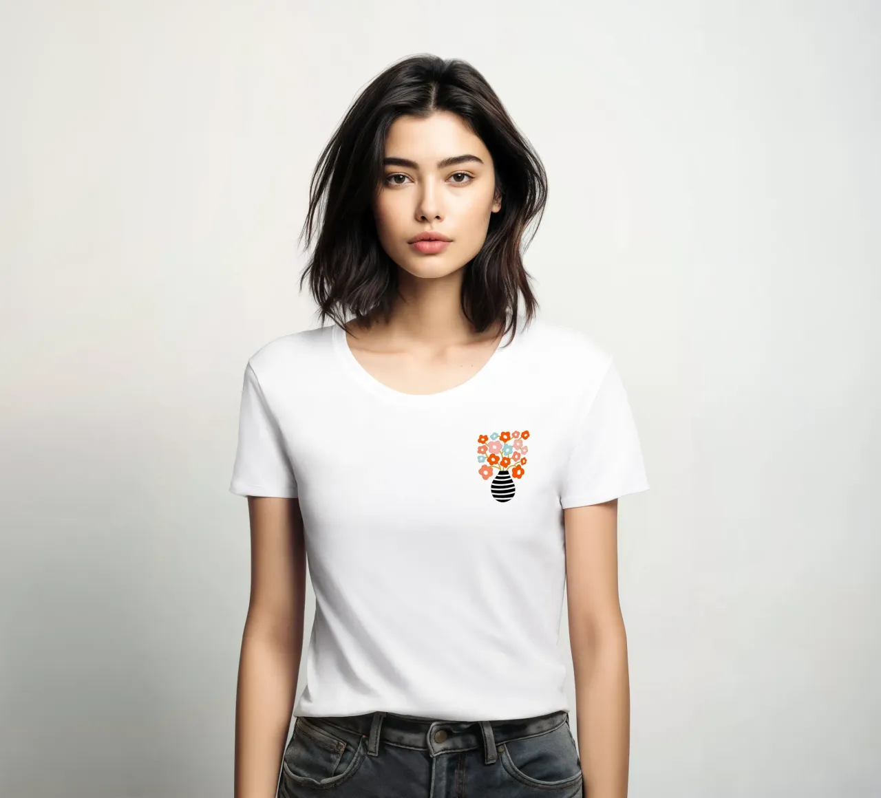 Fiori minimalisti in un vaso nero a righe - Accenti color pesca e acqua t-shirt da donna da Dominique Vari