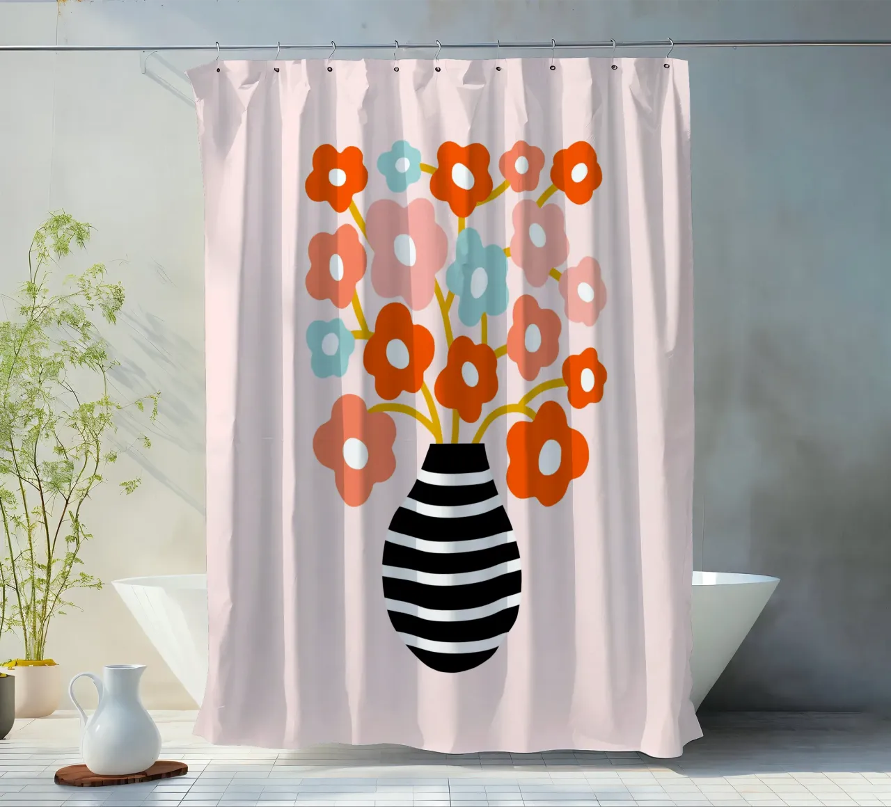 Fiori minimalisti in un vaso nero a righe - Accenti color pesca e acqua tenda da doccia da Dominique Vari