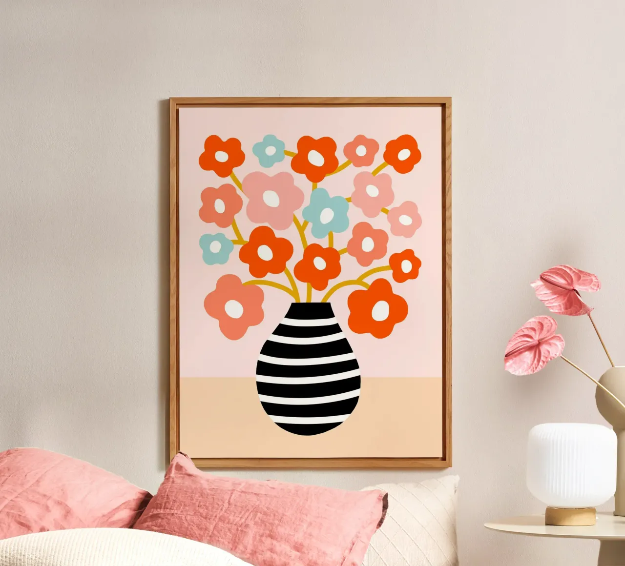 Fiori minimalisti in un vaso nero a righe - Accenti color pesca e acqua alluminio dibond da Dominique Vari