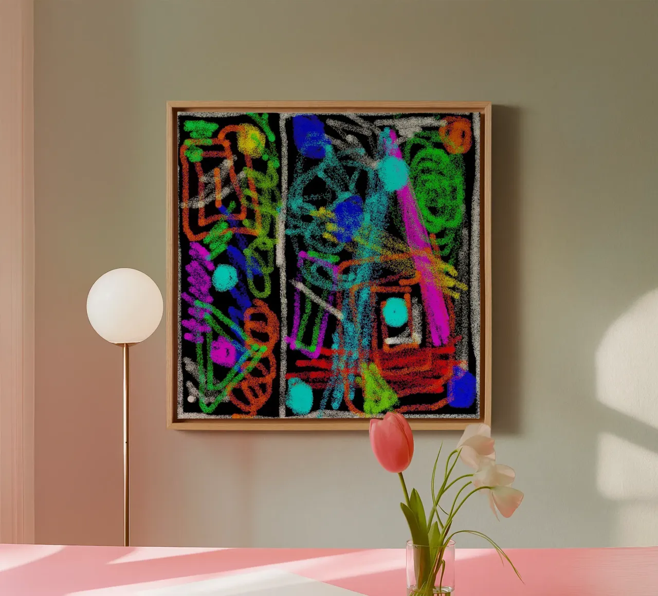 Painting and doodling on a black background - neon colours canvas with Floater frame by Gürsel Yesil Digital Art
