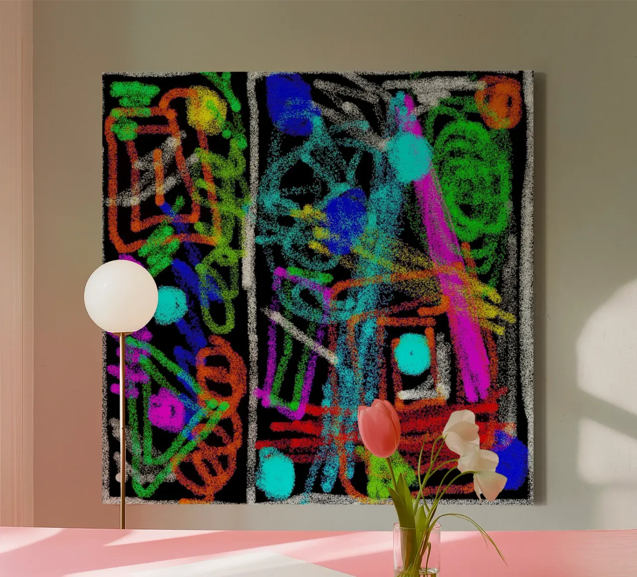 Painting and doodling on a black background - neon colours canvas with Floater frame by Gürsel Yesil Digital Art