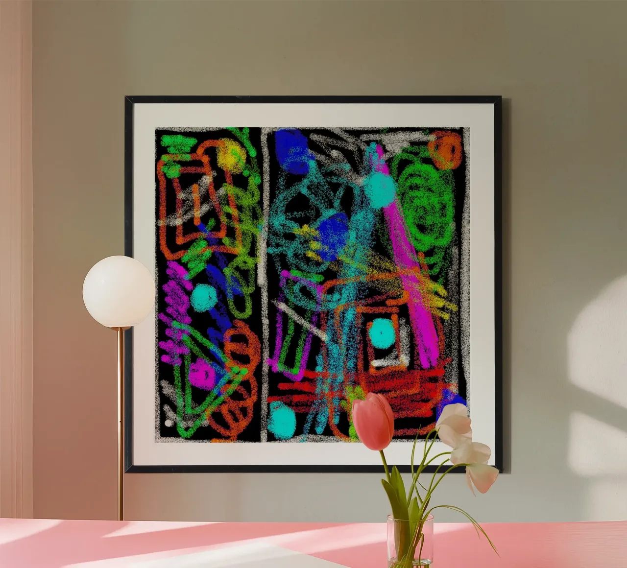 Pittura e scarabocchi su sfondo nero - colori al neon poster da Gürsel Yesil Digital Art