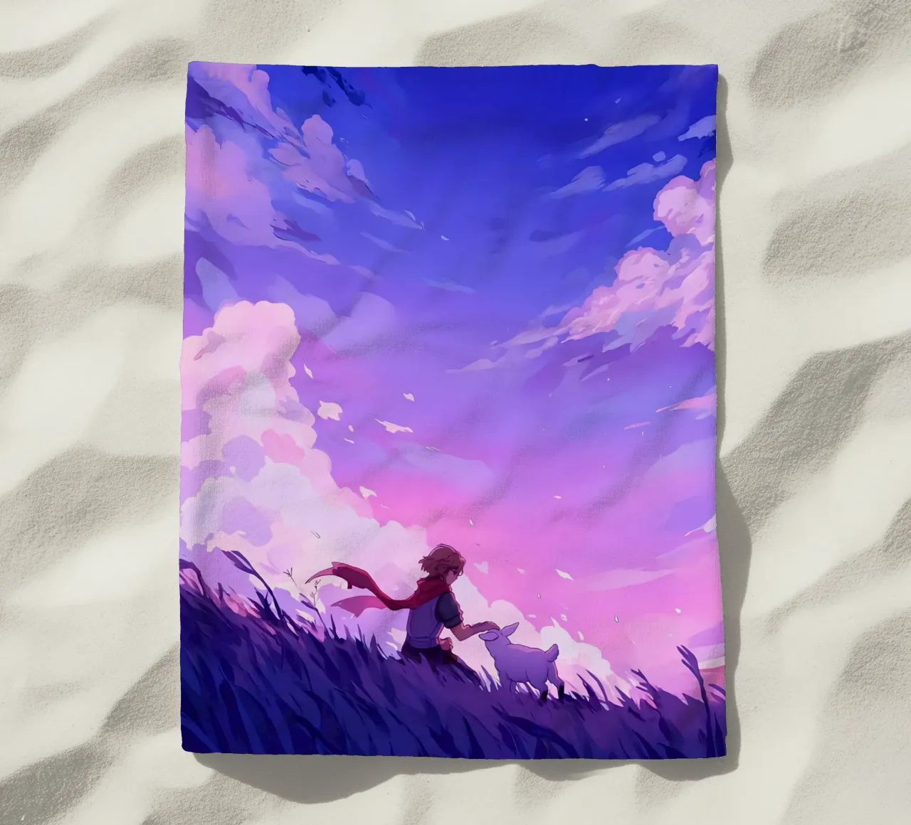 Ragazzo con animale domestico in un prato di sera Lofi Art telo mare da LoFi Gallery