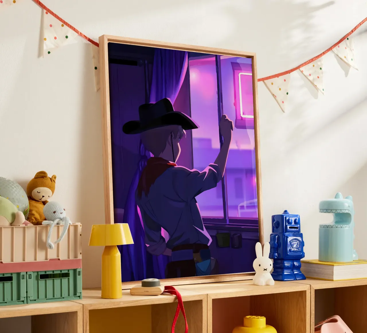 Cowboy At Evening Looking Outside The Window Lofi Art canvas with Floater frame by LoFi Gallery