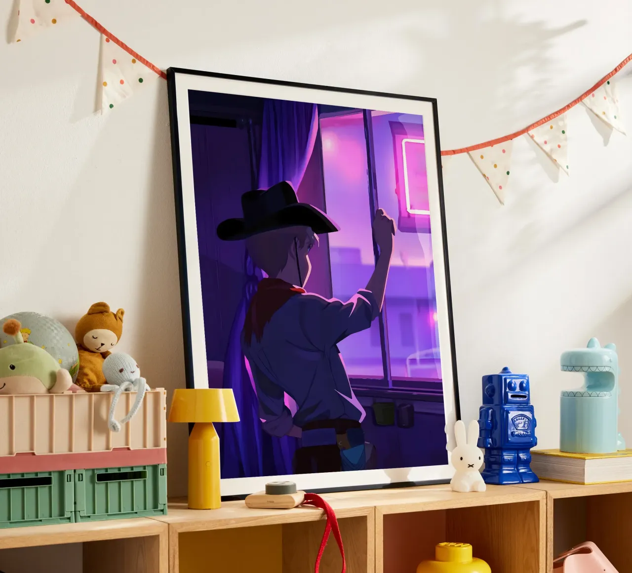 Cowboy At Evening Looking Outside The Window Lofi Art poster with plastic frame by LoFi Gallery