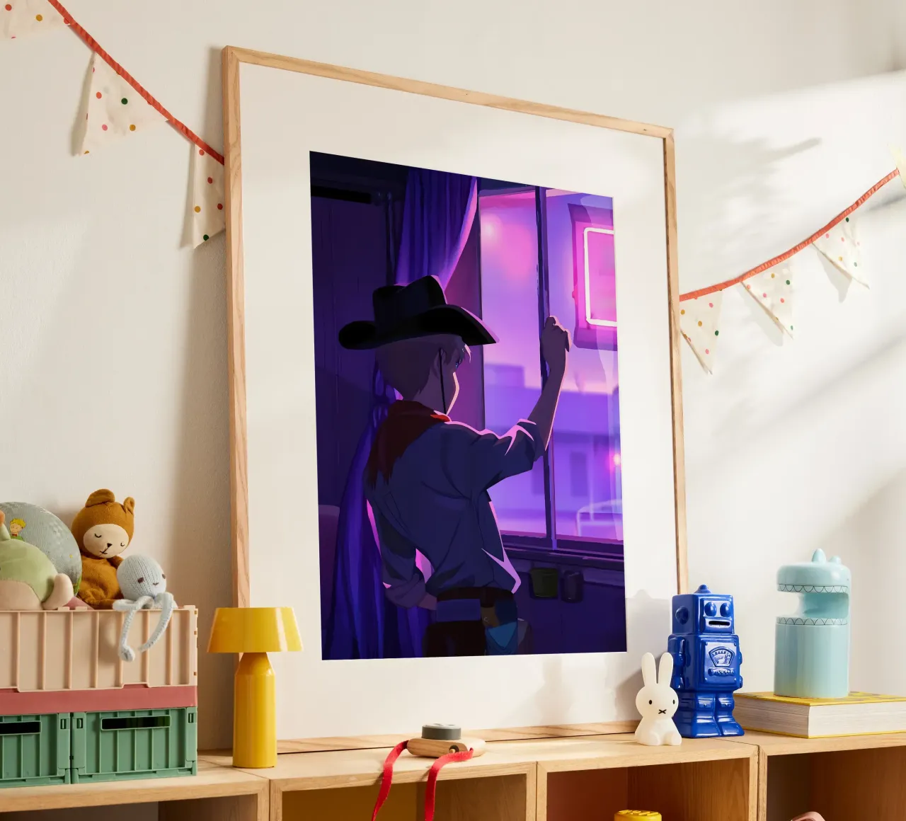 Cowboy At Evening Looking Outside The Window Lofi Art poster with plastic frame by LoFi Gallery