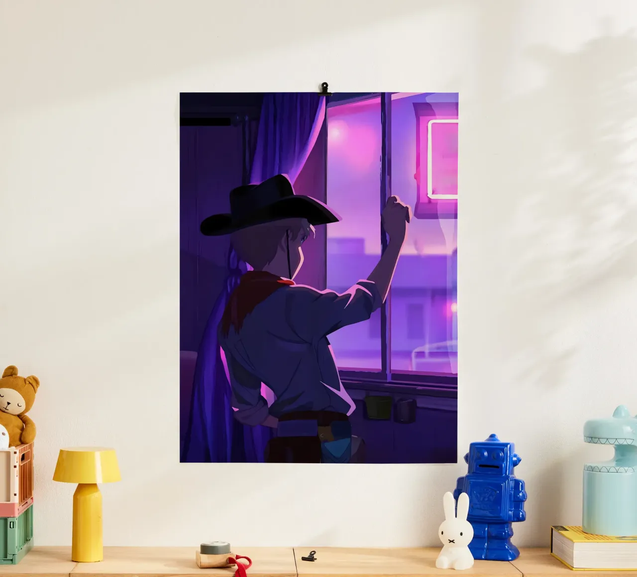 Cowboy At Evening Looking Outside The Window Lofi Art poster with plastic frame by LoFi Gallery