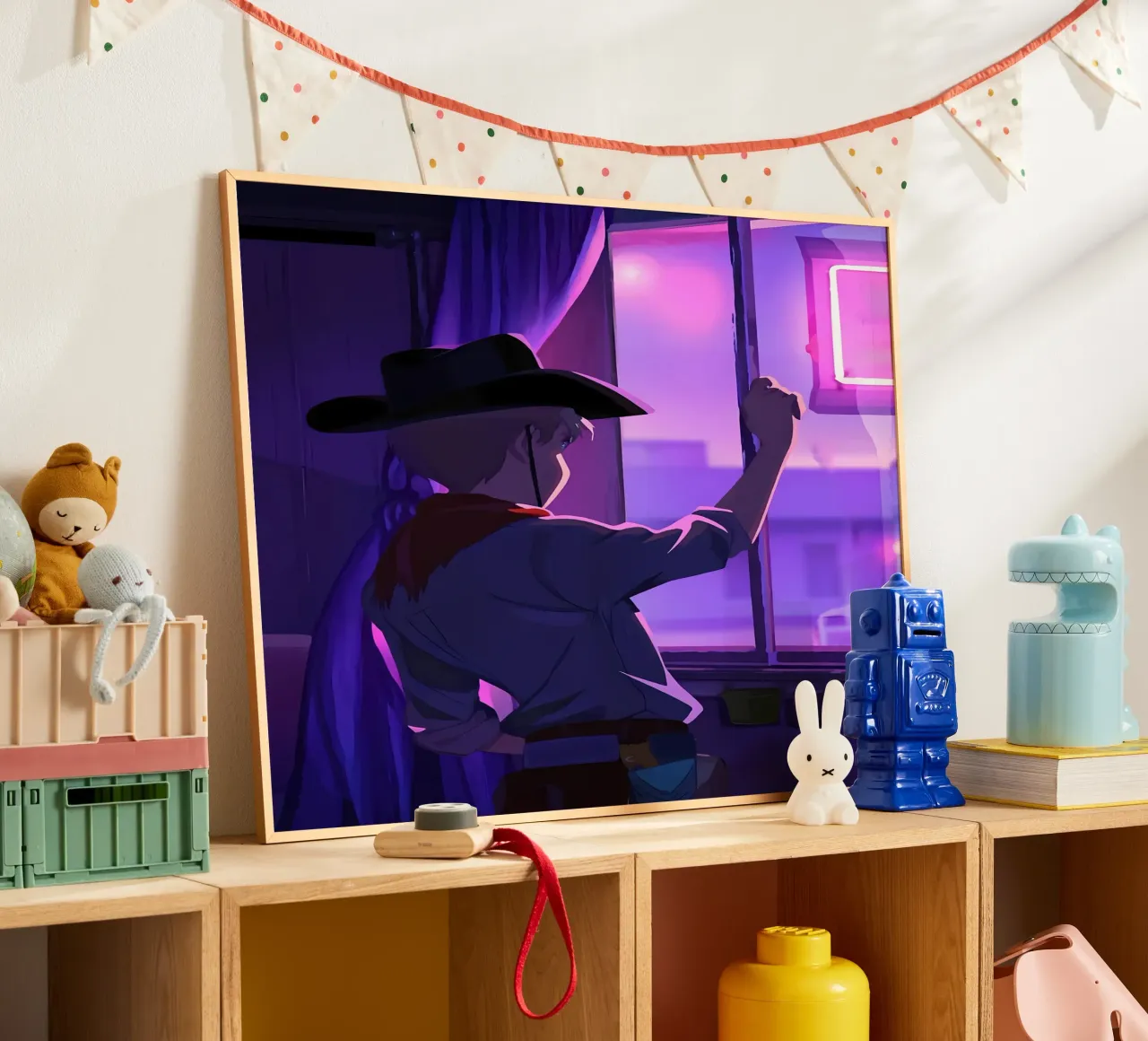Cowboy At Evening Looking Outside The Window Lofi Art poster with plastic frame by LoFi Gallery