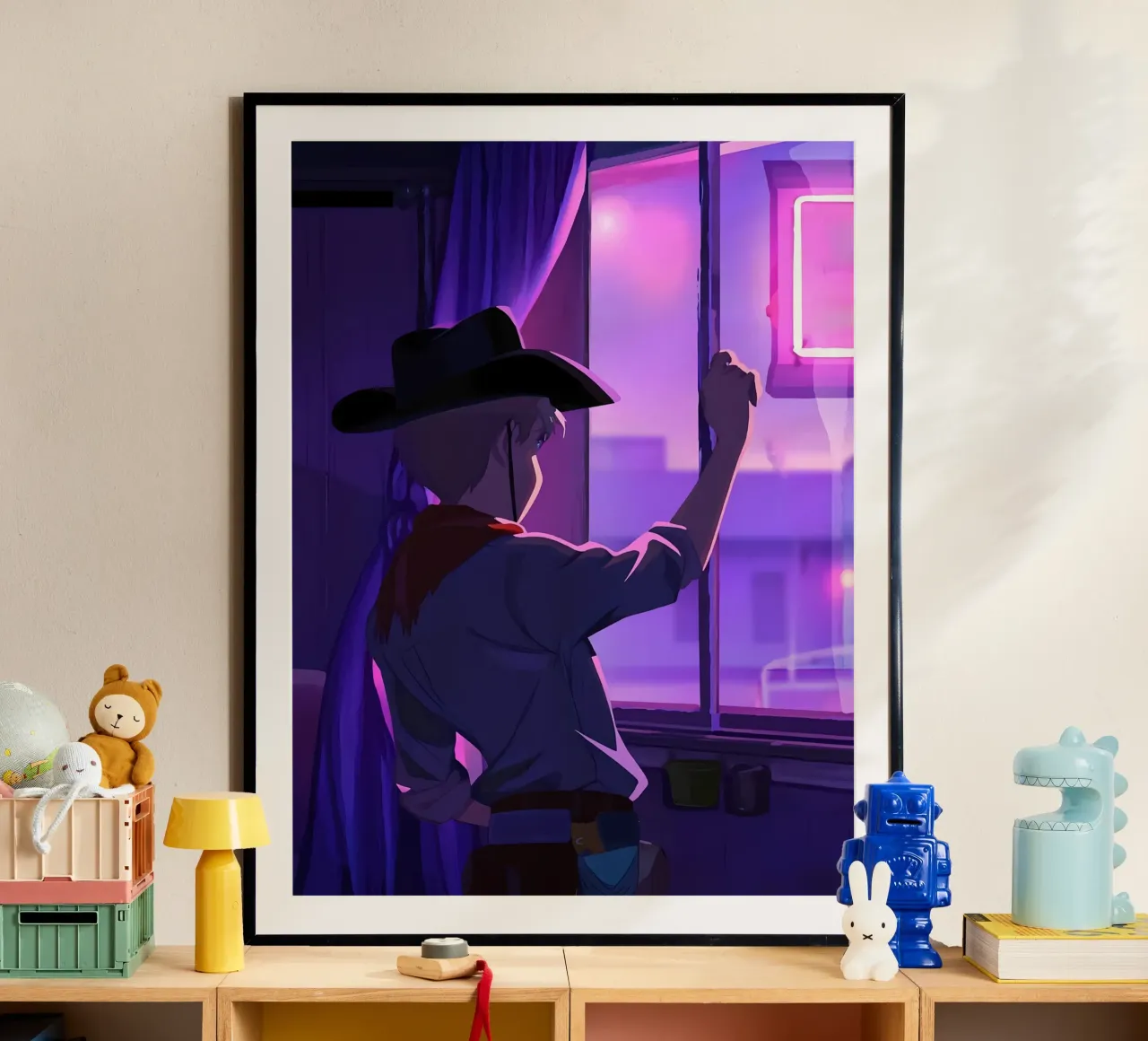 Cowboy At Evening Looking Outside The Window Lofi Art poster with plastic frame by LoFi Gallery