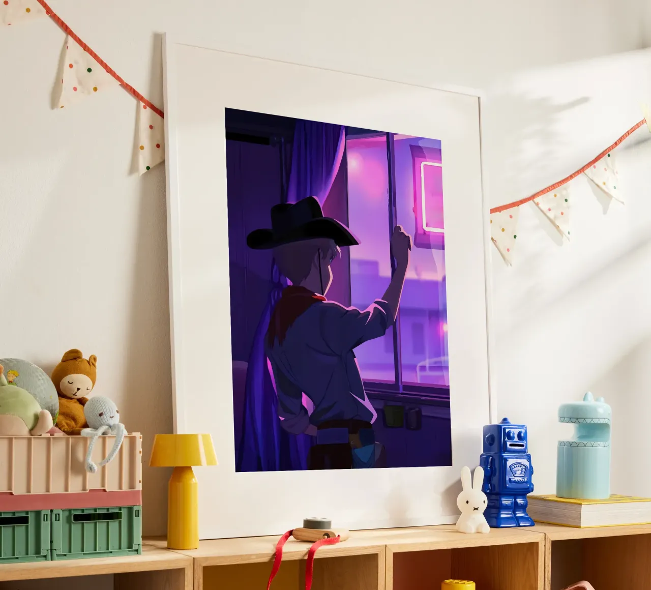 Cowboy At Evening Looking Outside The Window Lofi Art poster with plastic frame by LoFi Gallery