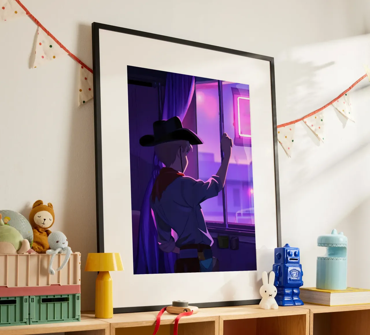 Cowboy At Evening Looking Outside The Window Lofi Art poster with plastic frame by LoFi Gallery
