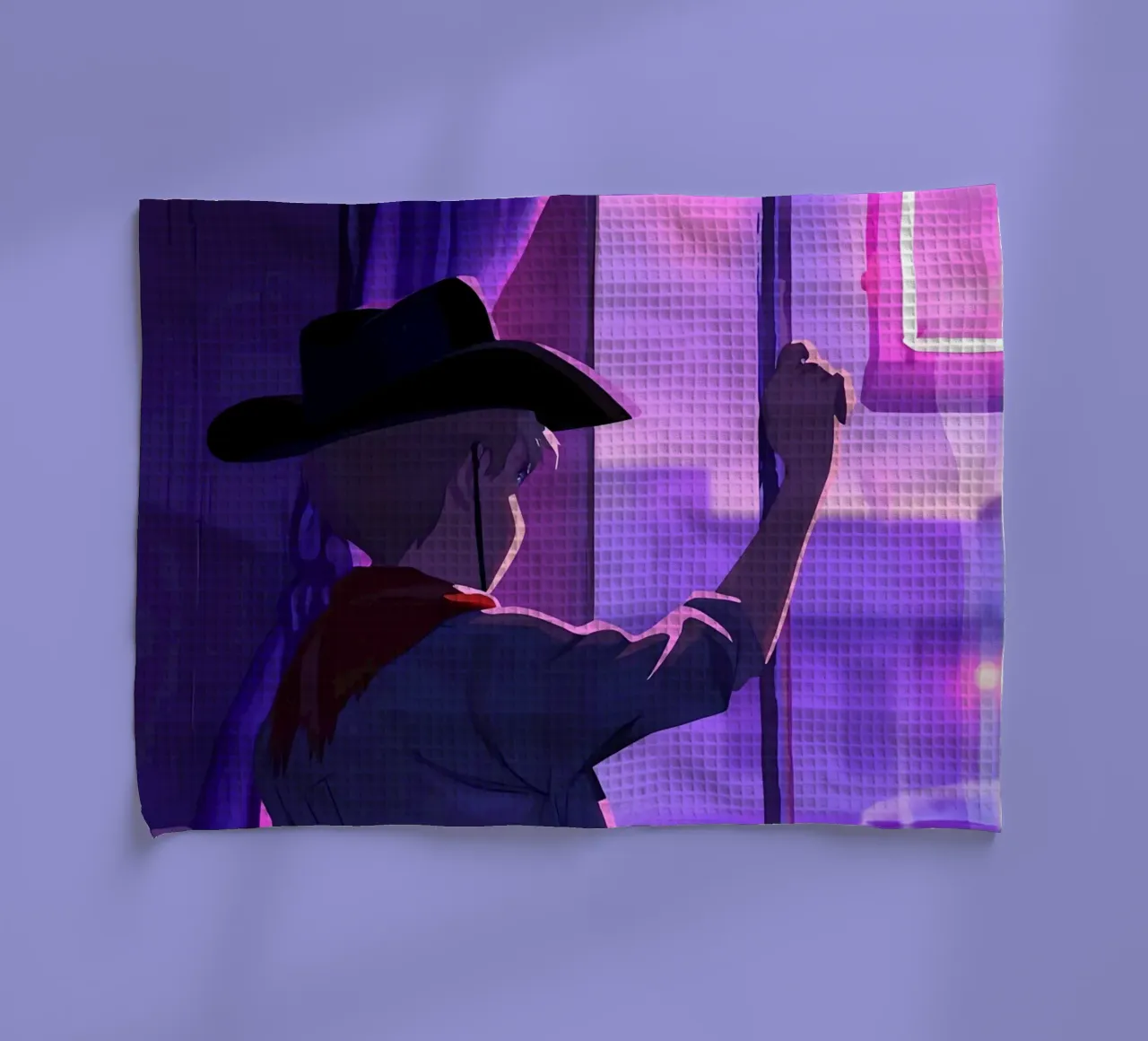 Cowboy en soirée regardant par la fenêtre Lofi Art torchon de LoFi Gallery