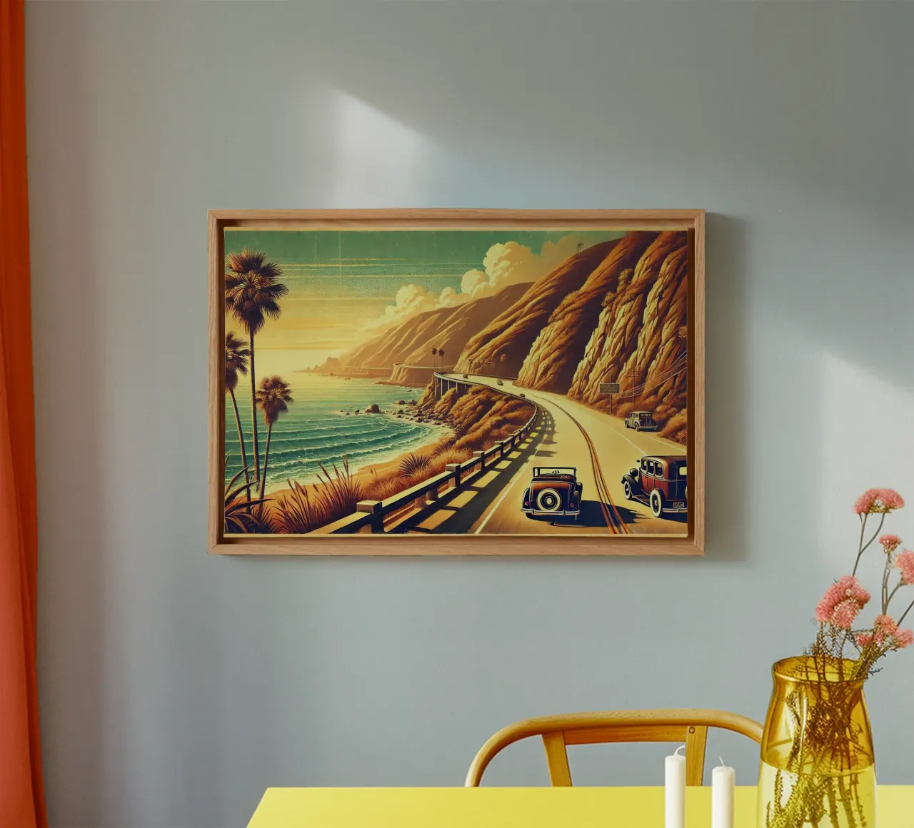 Poster d'epoca per il viaggio sulla strada costiera tela con Cornice a cassetta da Chromatic Fusion Studio