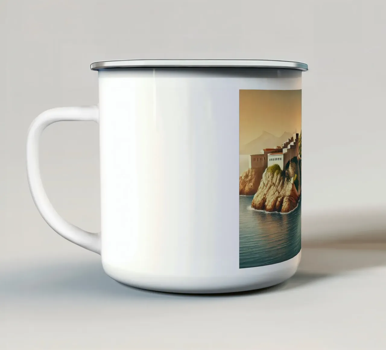 Vintage Croatia, Dubrovnik Coastal Poster enamel mug by Chromatic Fusion Studio