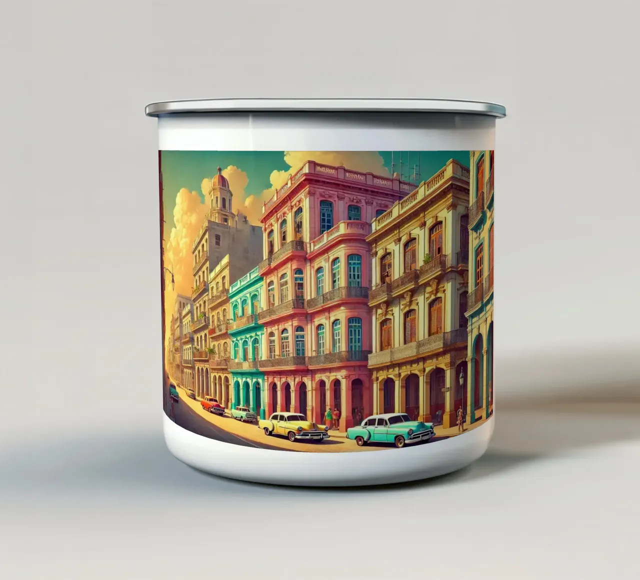 Poster d'epoca Cuba, L'Avana, strade colorate tazza in smalto da Chromatic Fusion Studio
