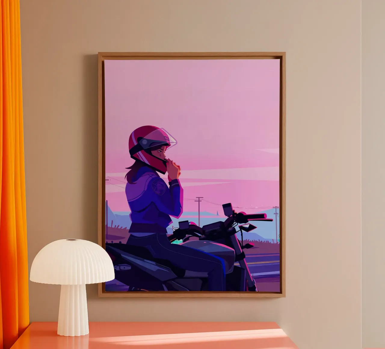 Riding Motorcycle In The Evening Lofi Art canvas with Floater frame by LoFi Gallery