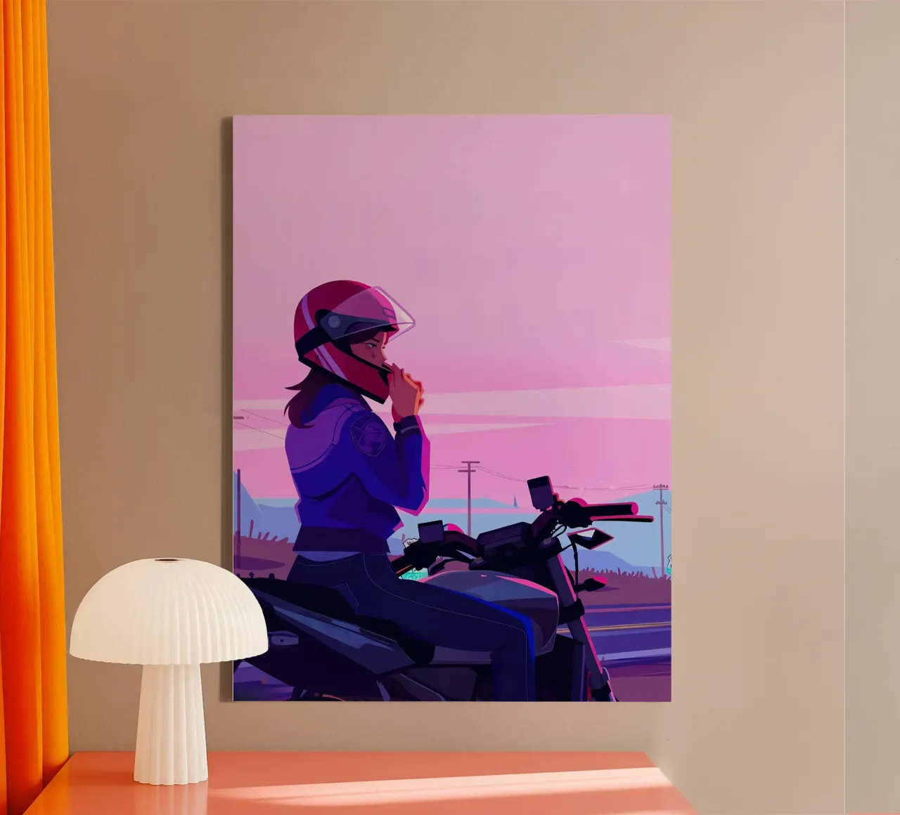 Riding Motorcycle In The Evening Lofi Art canvas with Floater frame by LoFi Gallery