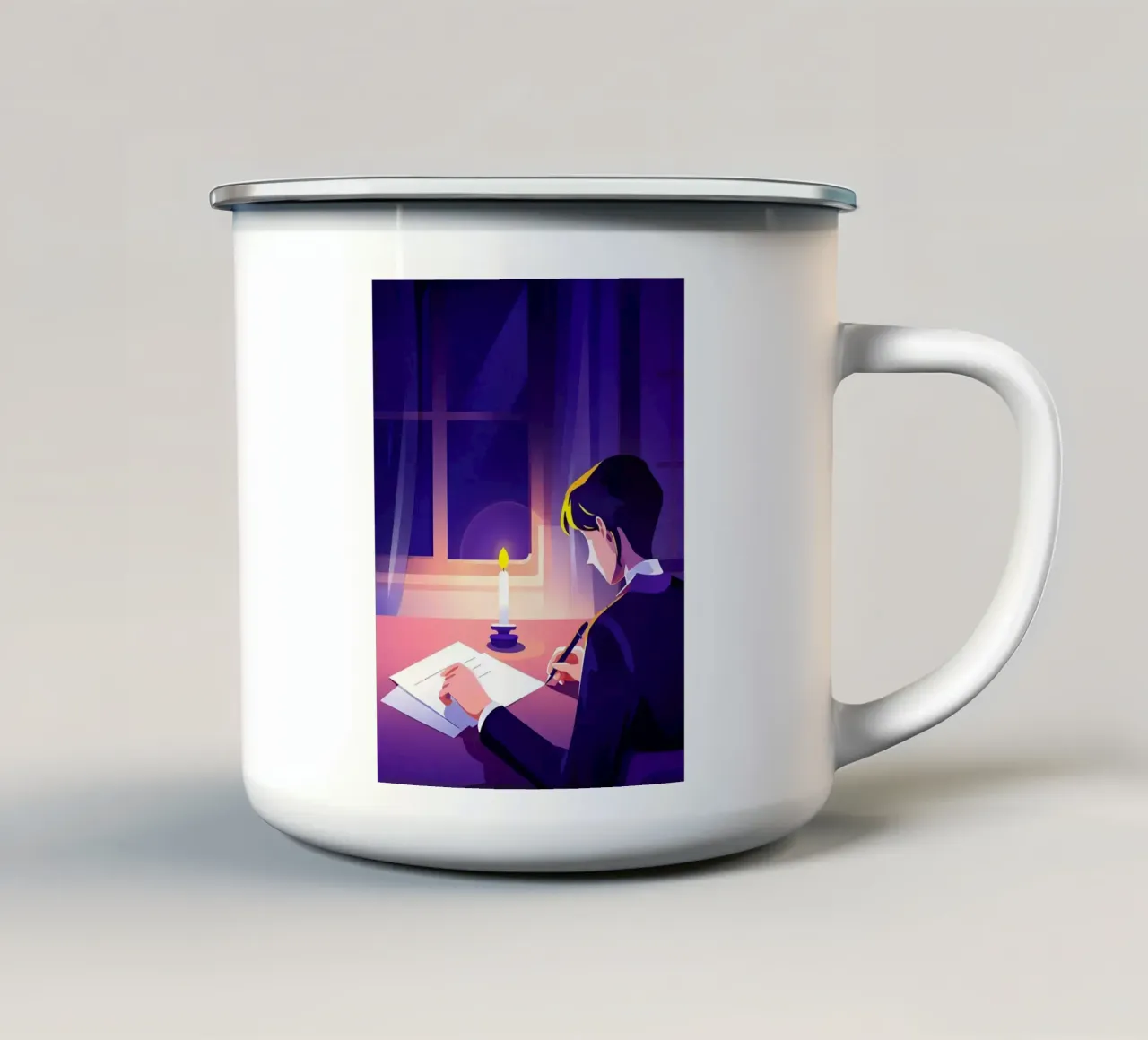 Scrittore che scrive a lume di candela Arte Lofi tazza in smalto da LoFi Gallery