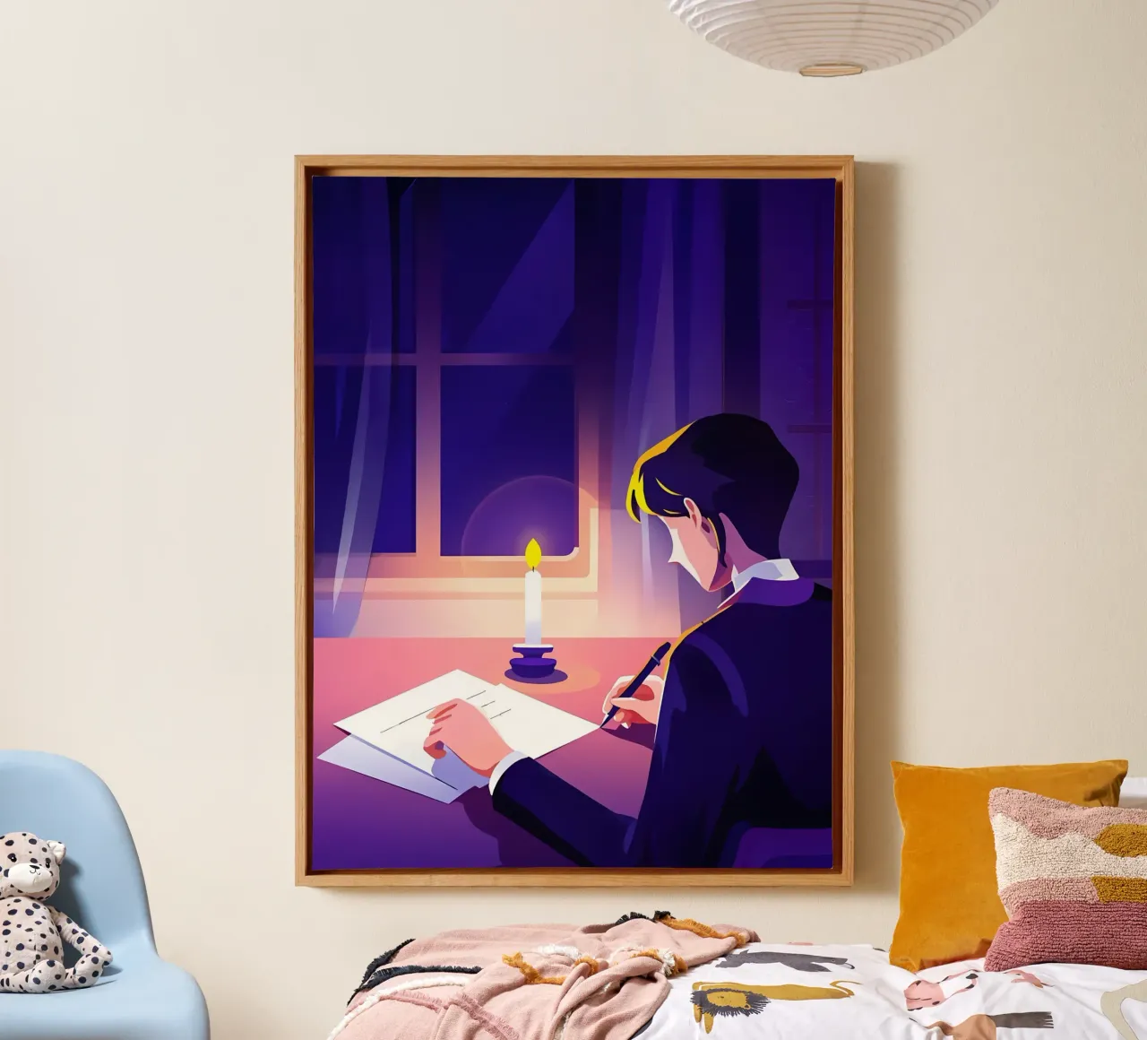 Schrijver schrijft in kaarslicht Lofi kunst canvas met Baklijst van LoFi Gallery