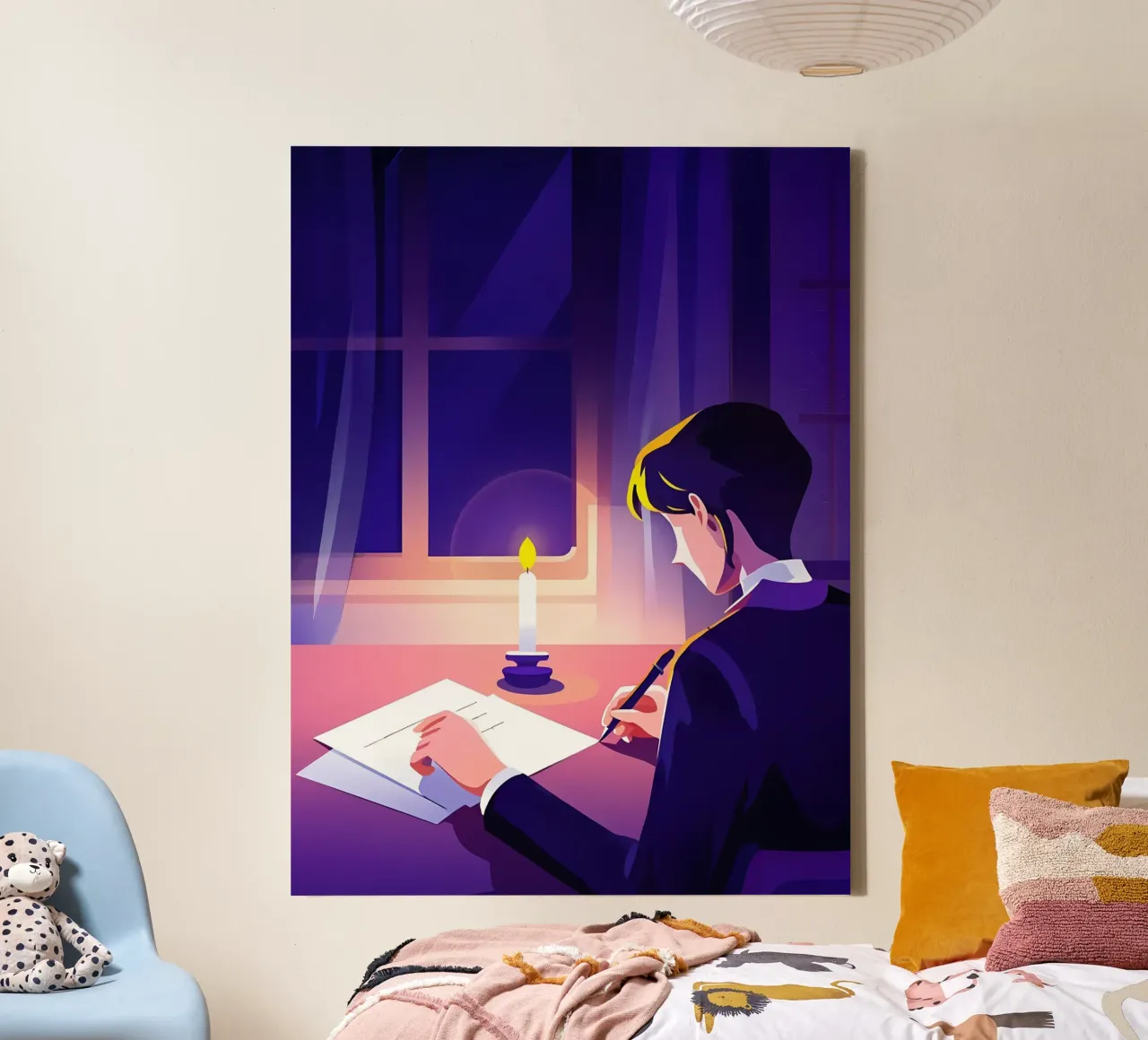 Schrijver schrijft in kaarslicht Lofi kunst canvas met Baklijst van LoFi Gallery