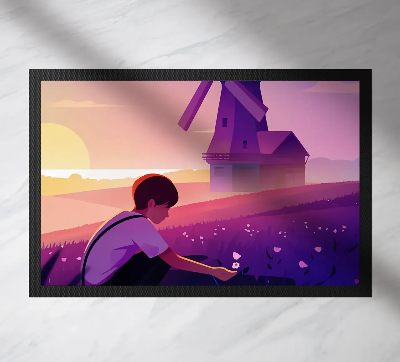 Ragazzo con fiori al mulino a vento di sera Lofi Art zerbino da LoFi Gallery