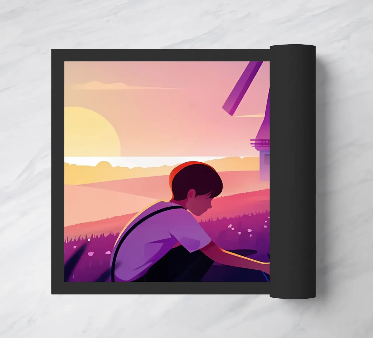 Ragazzo con fiori al mulino a vento di sera Lofi Art zerbino da LoFi Gallery