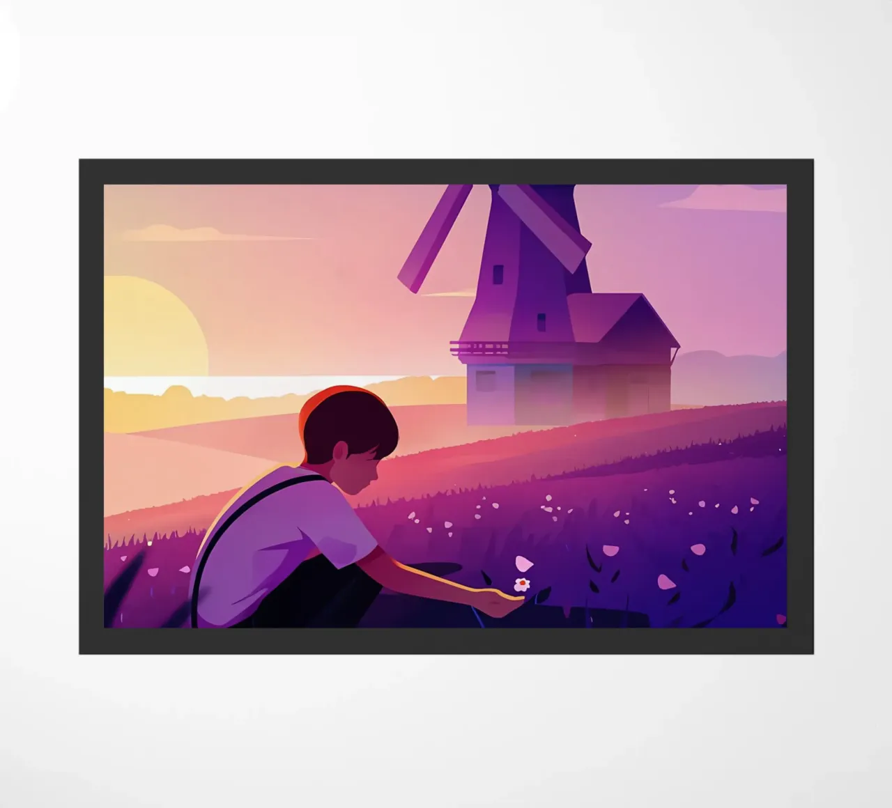 Ragazzo con fiori al mulino a vento di sera Lofi Art zerbino da LoFi Gallery