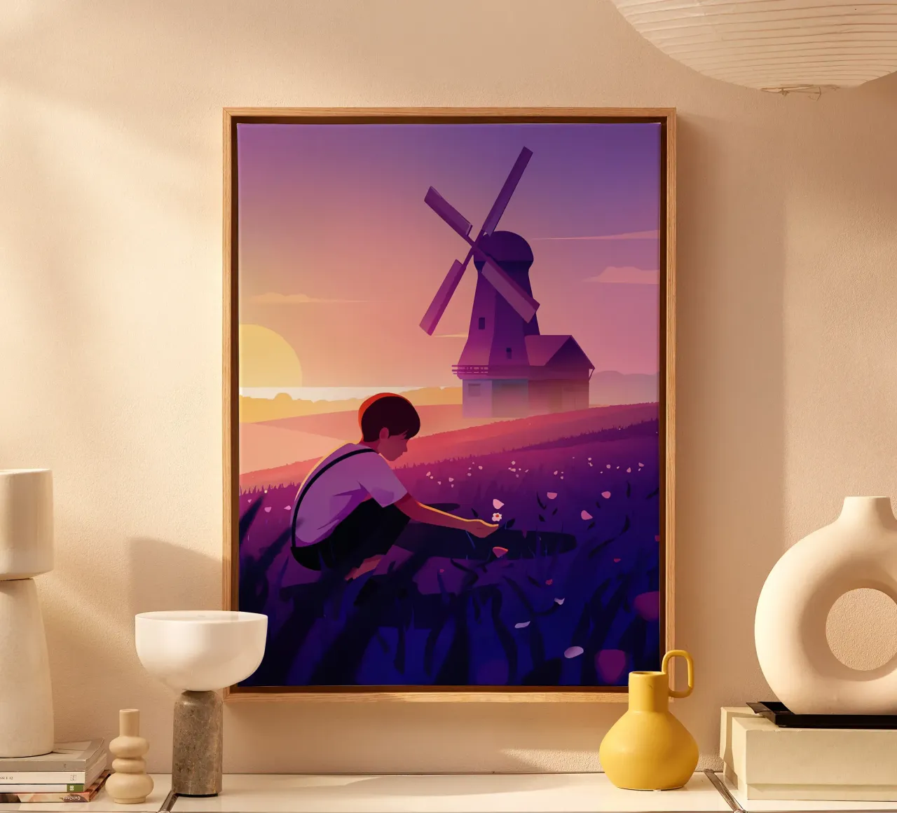 Boy With FLowers At Windmill In The Evening Lofi Art canvas with Floater frame by LoFi Gallery