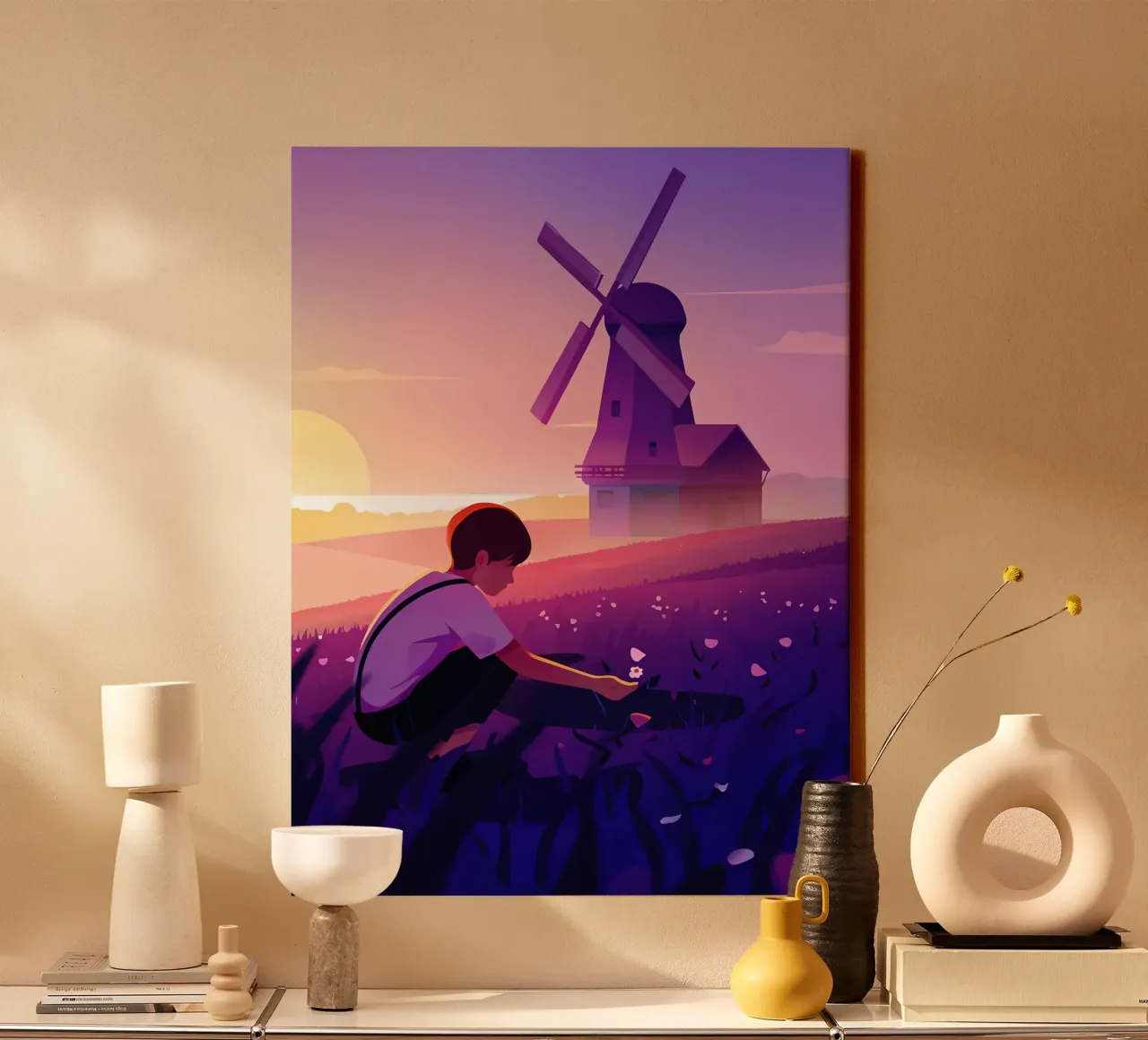Boy With FLowers At Windmill In The Evening Lofi Art canvas with Floater frame by LoFi Gallery