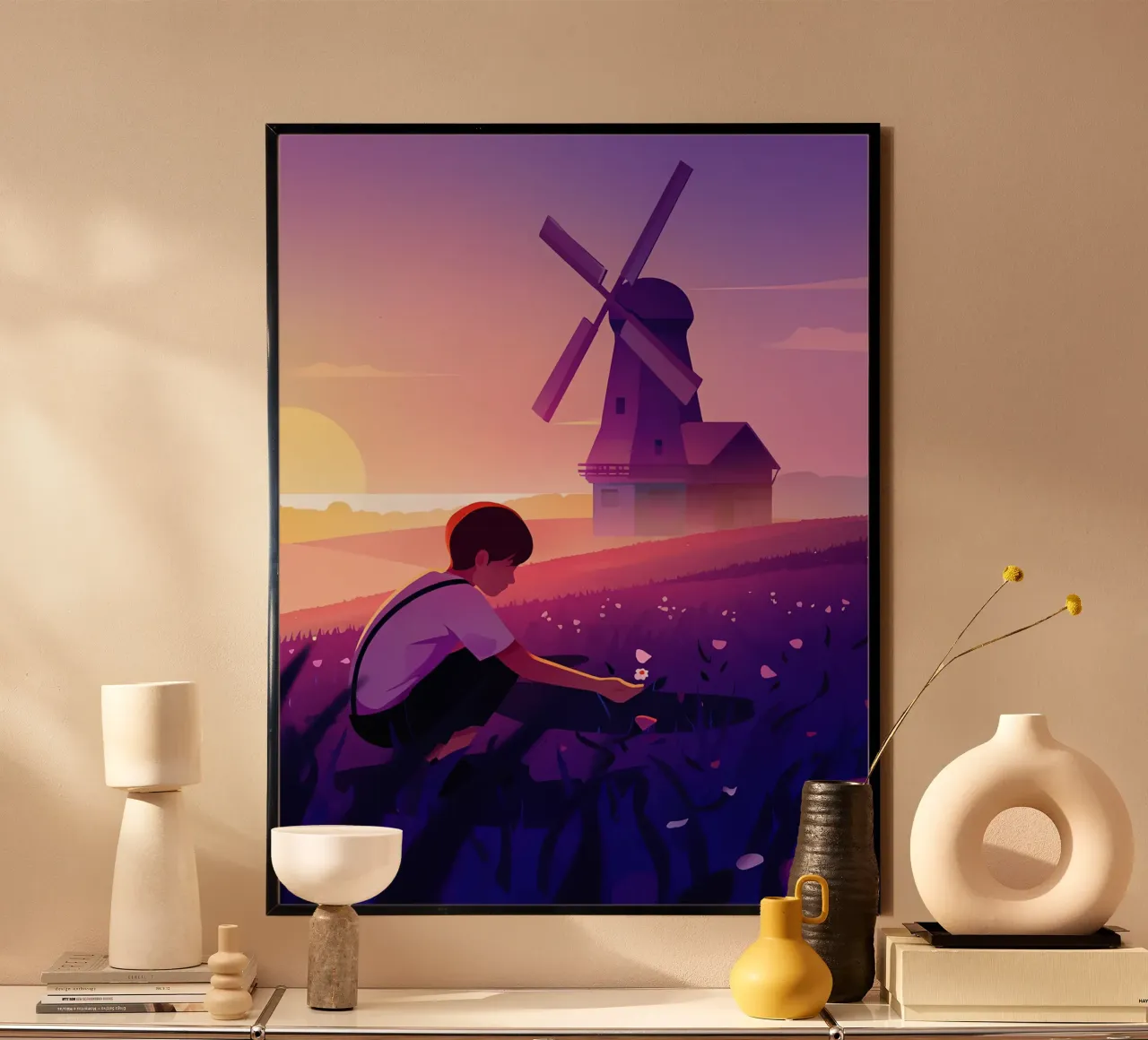 Ragazzo con fiori al mulino a vento di sera Lofi Art poster con telaio in legno da LoFi Gallery