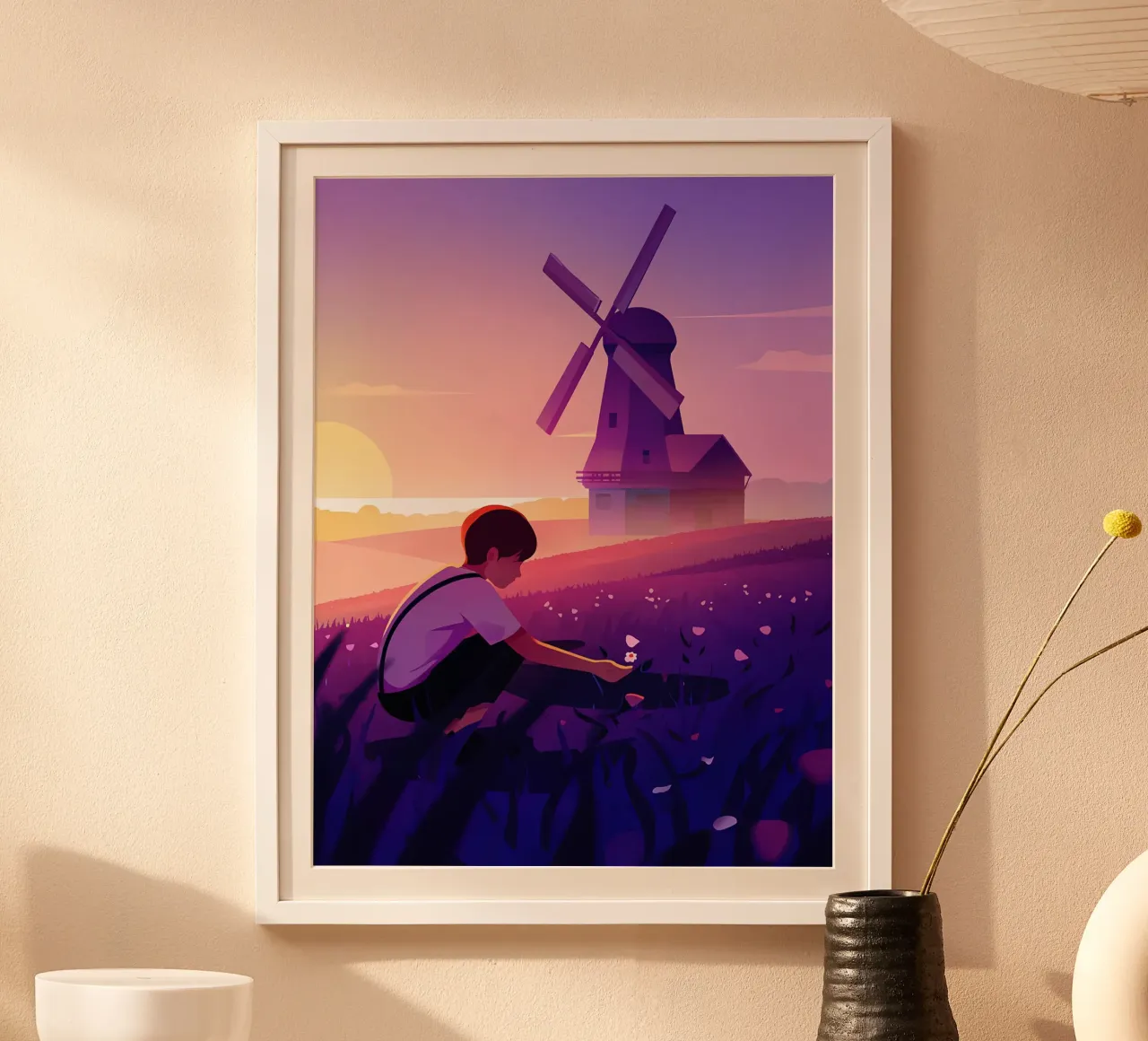Ragazzo con fiori al mulino a vento di sera Lofi Art poster con telaio in legno da LoFi Gallery