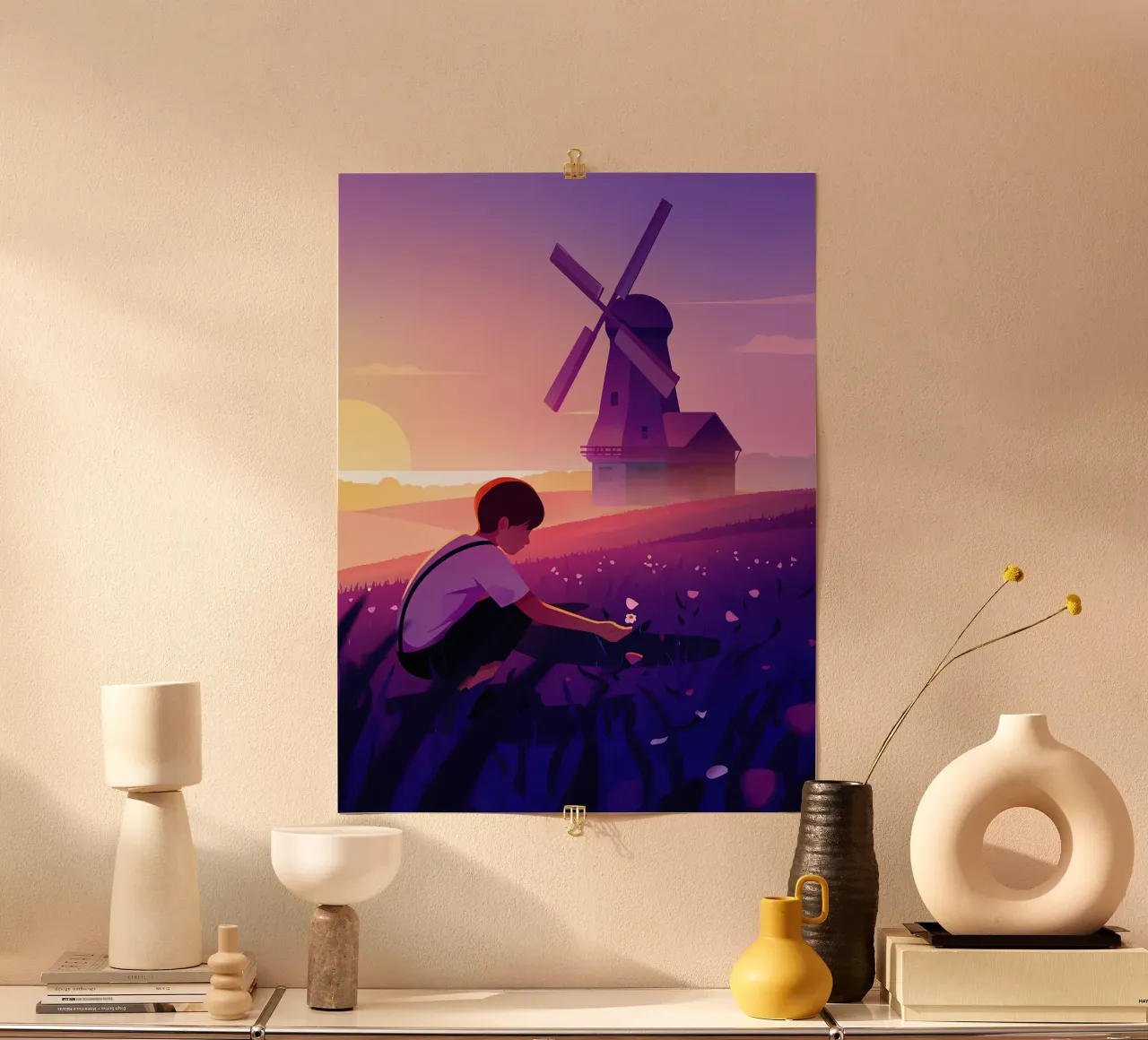 Ragazzo con fiori al mulino a vento di sera Lofi Art poster con telaio in legno da LoFi Gallery