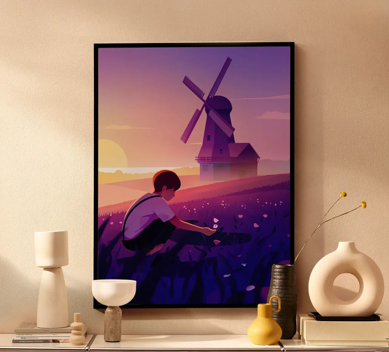 Ragazzo con fiori al mulino a vento di sera Lofi Art poster con telaio in legno da LoFi Gallery