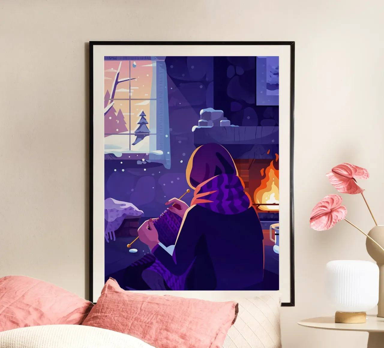 Donna che lavora a maglia in inverno Lofi Art poster con telaio in plastica da LoFi Gallery
