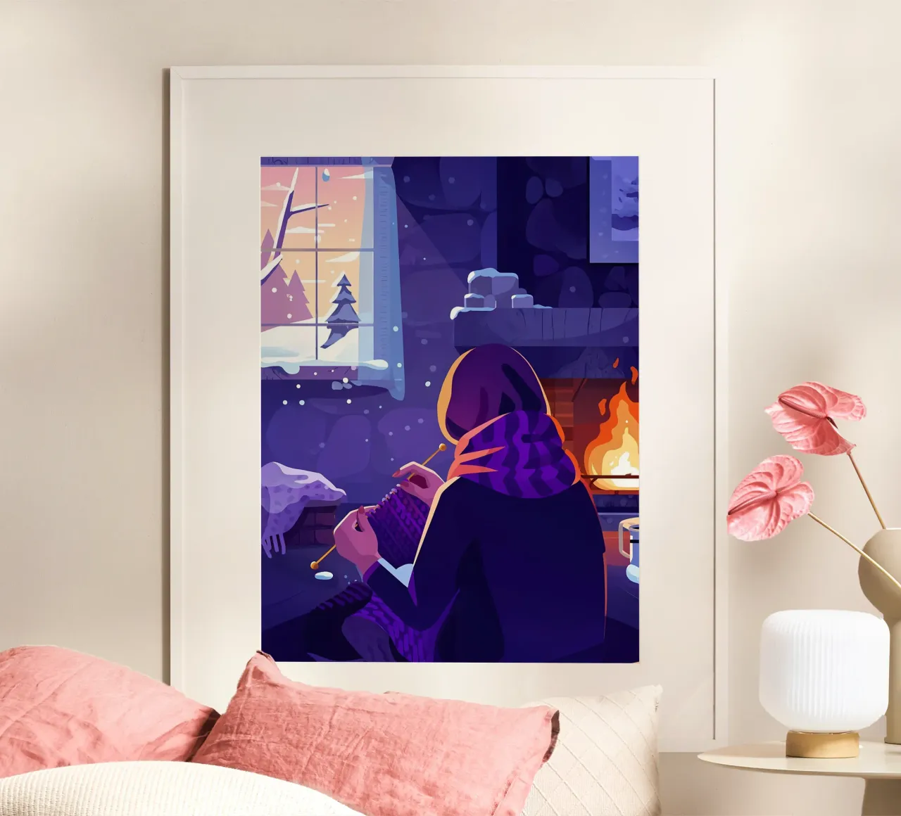 Donna che lavora a maglia in inverno Lofi Art poster con telaio in plastica da LoFi Gallery