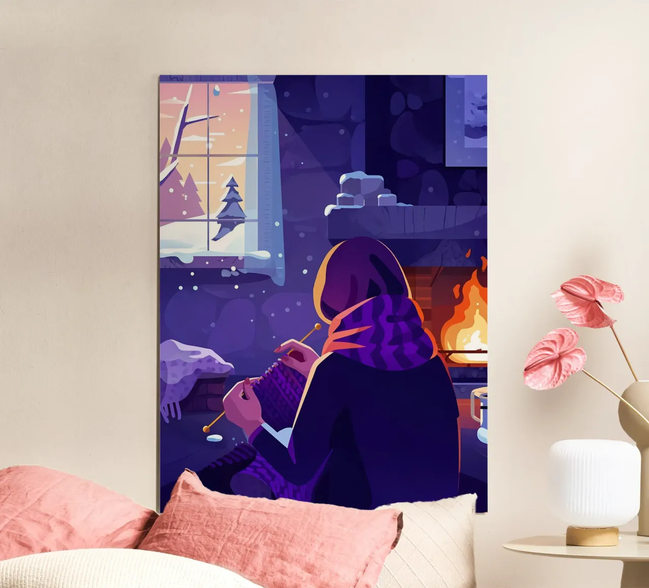 Donna che lavora a maglia in inverno Lofi Art poster con telaio in plastica da LoFi Gallery