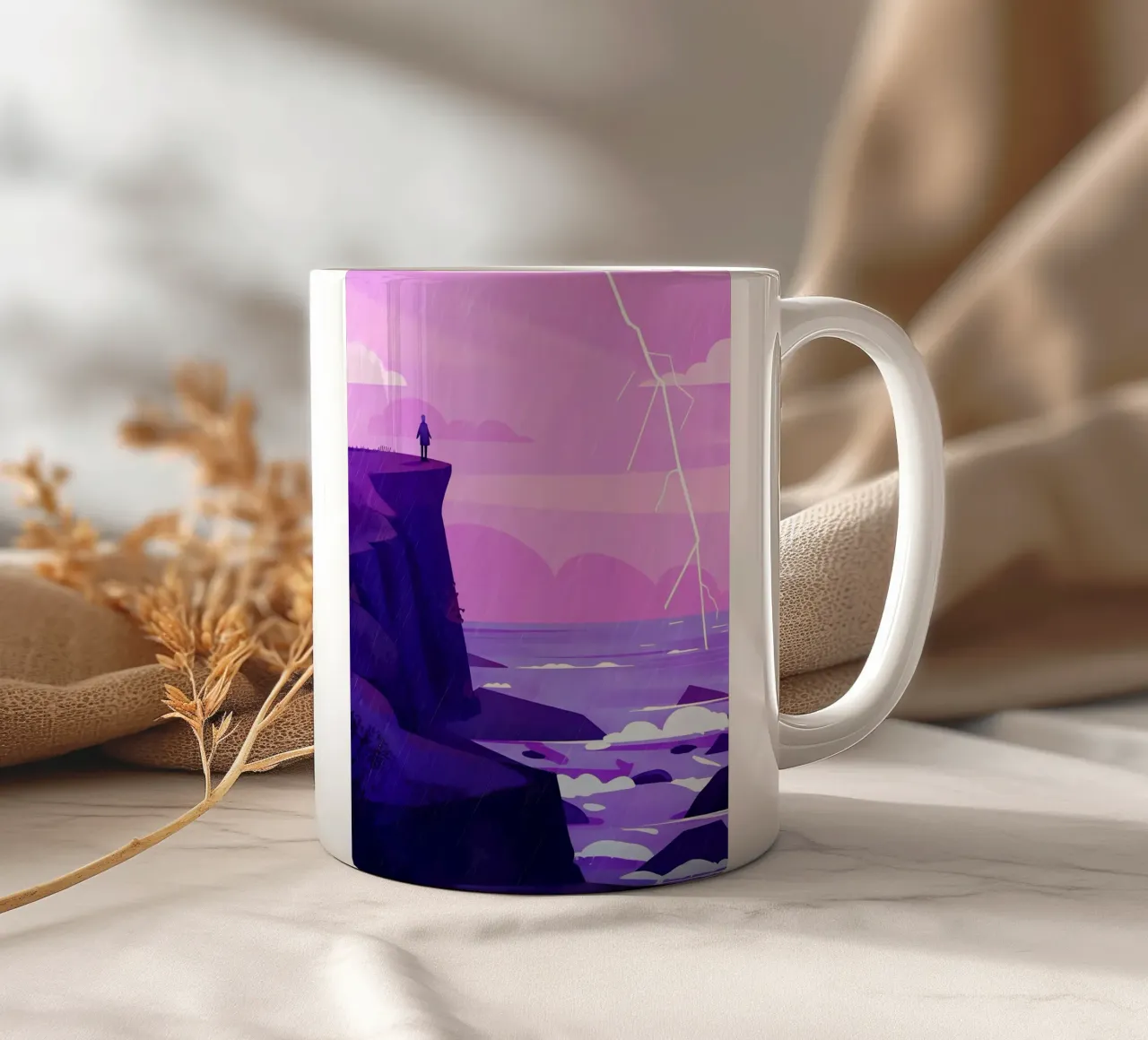 In piedi sulla scogliera dell'oceano con i fulmini Lofi Art tazza in ceramica da LoFi Gallery