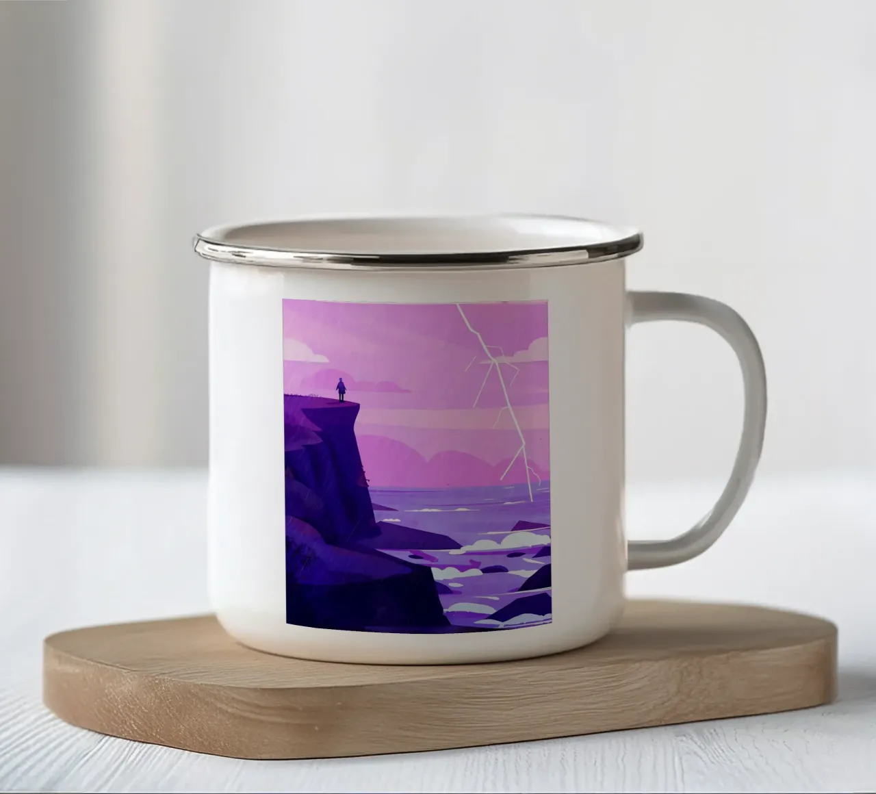 In piedi sulla scogliera dell'oceano con i fulmini Lofi Art tazza in smalto da LoFi Gallery
