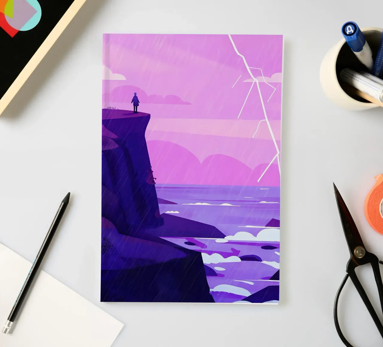 Standing At The Oceanside Cliff In Lightning Lofi Art notebook by LoFi Gallery