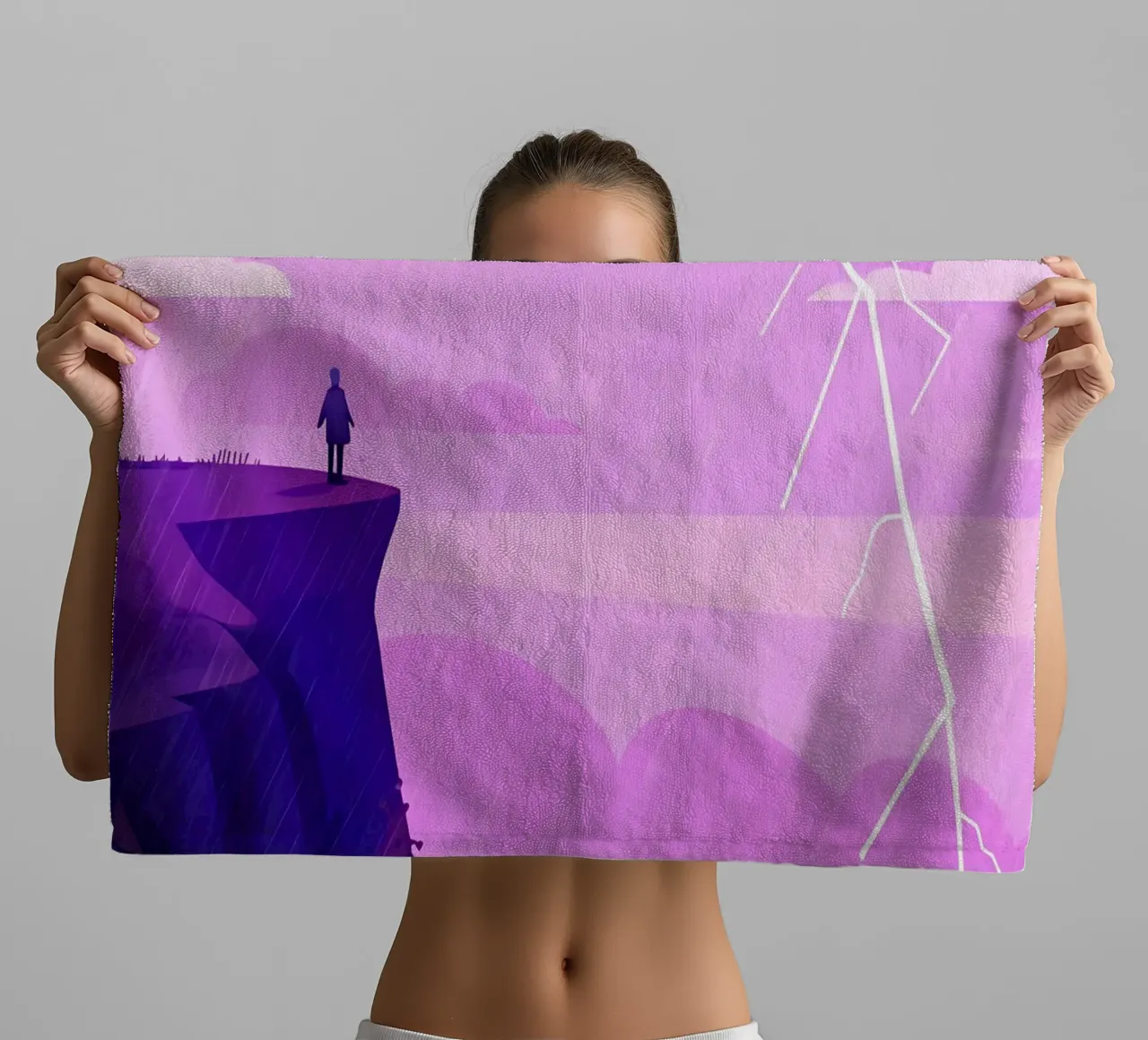 Standing At The Oceanside Cliff In Lightning Lofi Art towel by LoFi Gallery